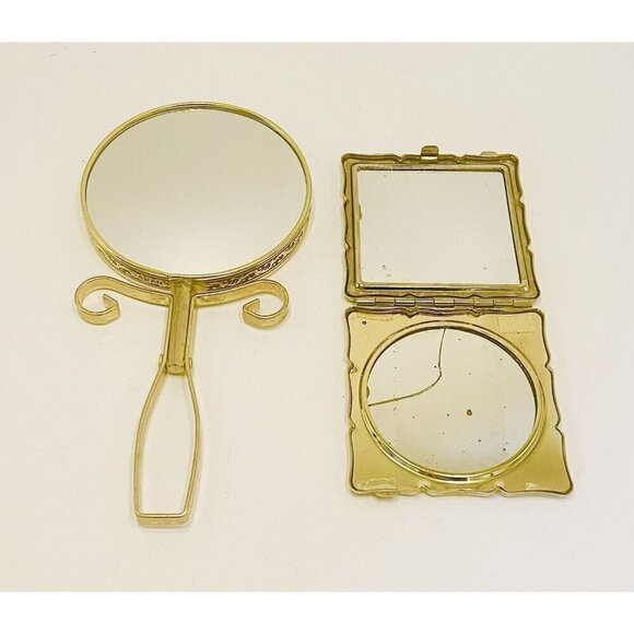 VINTAGE Vanity Mirrors Handheld/ Standing & Ditsy Floral Compact Japan Gold Tone - Picture 8 of 9
